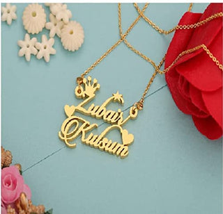 CUSTOMIZED/Personalised COUPLE NAME NECKLACE WITH CROWN,HEART,STAR Pendant Keychain With Ur name Or Love One Name With 24k Gold Plating And lazer Engraved Finish