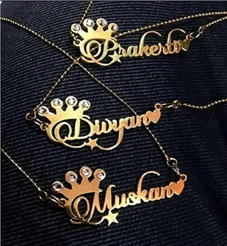Personalized/Customized Crown with Diamond Single Name Brass with Heart/Necklace With Ur name Or Love One Name With 24k Gold Plating And lazer Engraved Finish